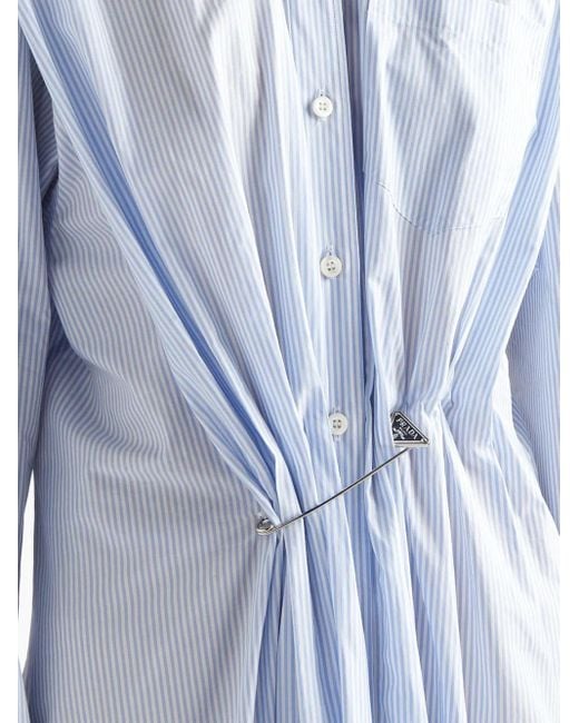 Prada Blue Safety Pin-Embellished Striped Shirtdress