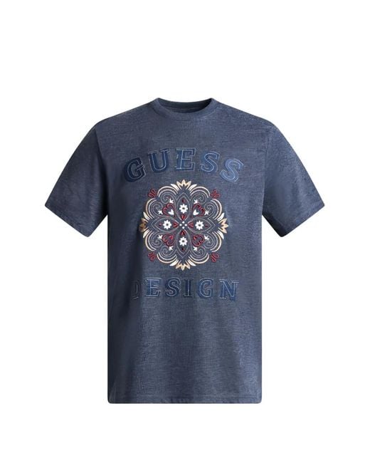 Guess Blue Logo-Embroidered T-Shirt for men
