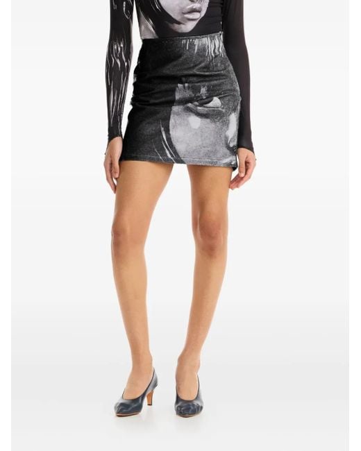 Maisie Wilen Black Portrait-Print Mini Skirt