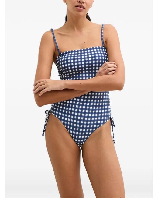Marc O' Polo Blue Gingham-Check Ruched-Side Swimsuit