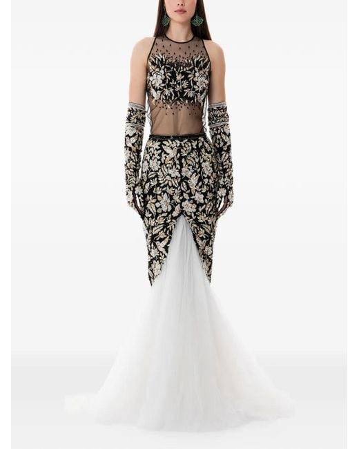 Dina Melwani White Floral-Embroidered Maxi Gown Set