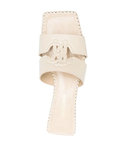 Roberto Cavalli White Logo-Embossed Leather Slides