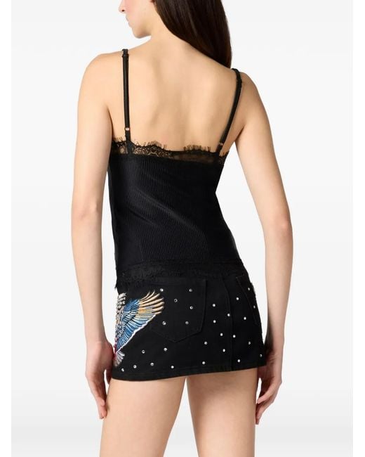 Philipp Plein Black Shiny Rib Tank Top Lace