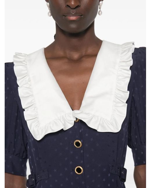 Alessandra Rich Blue Star-Jacquard Ruffled-Collar Mini Dress