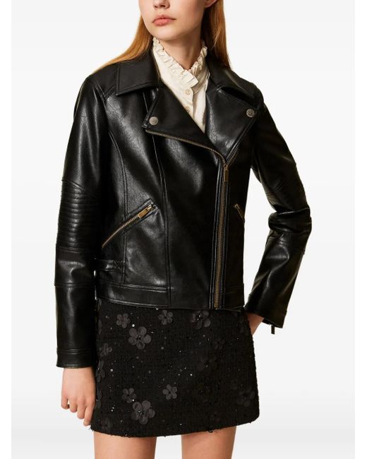 Twinset Black Biker Quilted-Panel Jacket