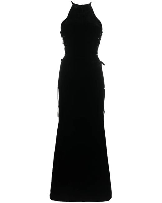 Alessandra Rich Black Lace-Up Halterneck Velvet Gown