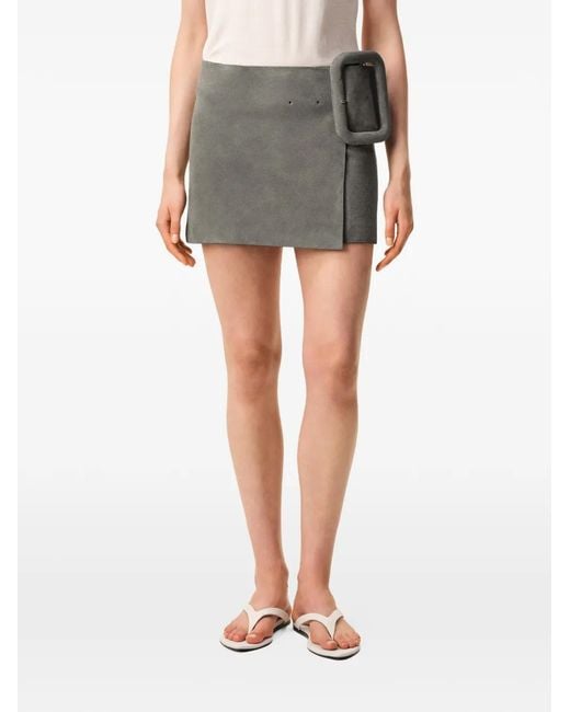 AMI Gray Goat Leather Big Buckle Belted Mini Skirt