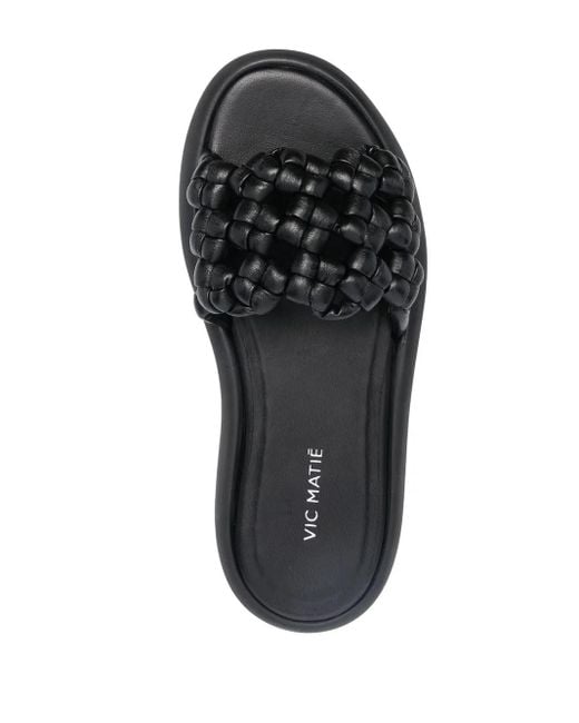 Vic Matié Black Woven Leather Platform Slides