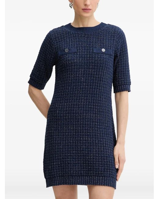 Morgan Blue Basket-Weave-Knit Faux-Pocket Mini Dress