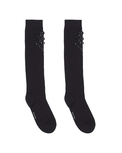 Simone Rocha Black Poppy Crystal-Embellished Ribbed-Knit Socks