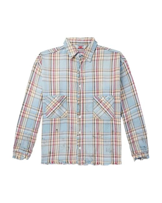 SAINT Mxxxxxx Blue Frayed Plaid Shirt for men
