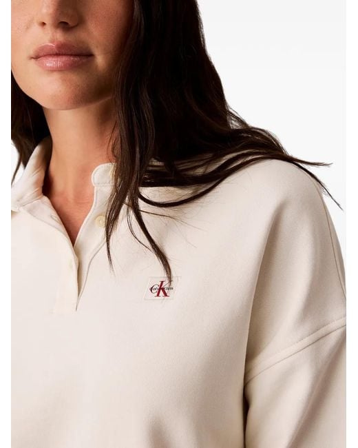 Calvin Klein White Logo-Patch Long-Sleeved Polo Shirt