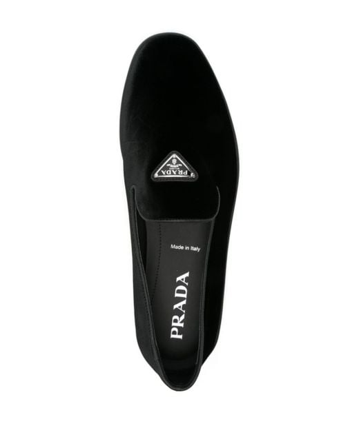 Prada Black Enamel-triangle-logo Velvet Loafers for men