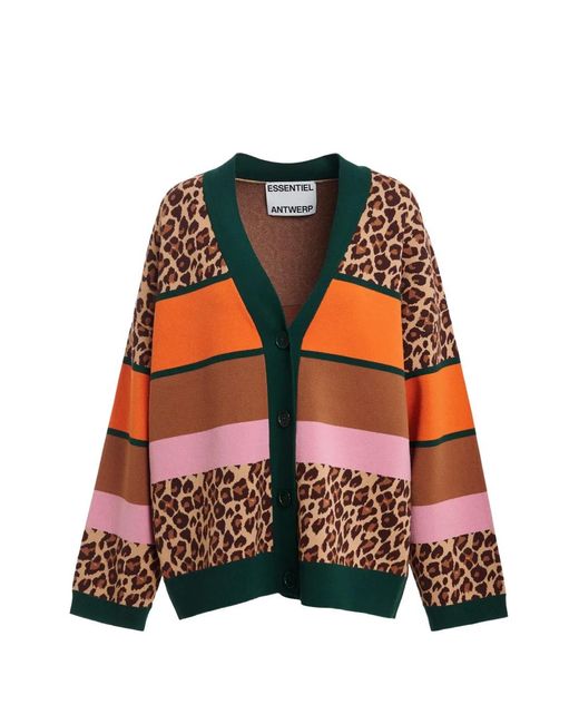 Essentiel Antwerp Brown Leopard-Pattern Print Colour-Block Cardigan