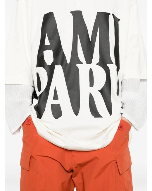 AMI White Oversize Fit Short Sleeves Teeshirt With Print for men