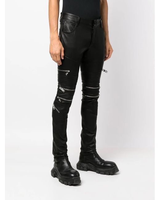 Philipp Plein Black Zippered Leather Biker Trousers for men