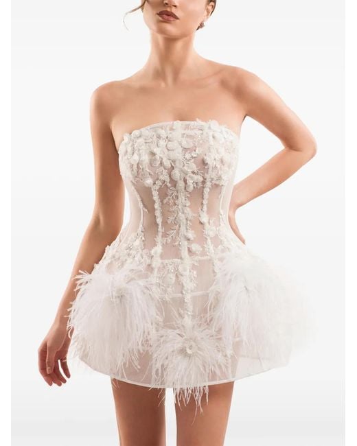 IMROSKA White 29 Feather-Trim Floral-Appliqué Mini Dress