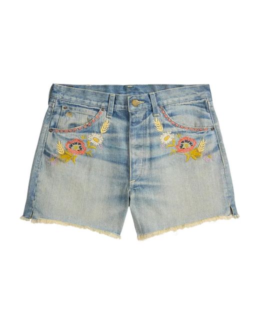 RRL Blue Floral-Embroidery Denim Short Shorts
