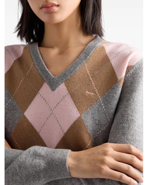 Prada White Argyle Cashmere V-Neck Sweater