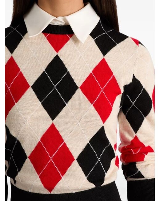 Alice + Olivia Red Argyle-Pattern Sweater