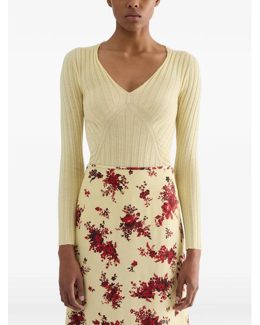 Jil Sander Yellow Ribbed V-Neck Top