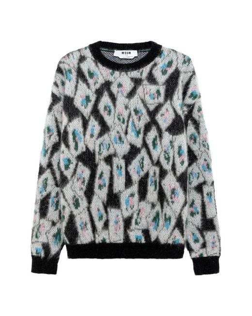 MSGM Gray Geometric-Pattern Mohair-Blend Sweater for men