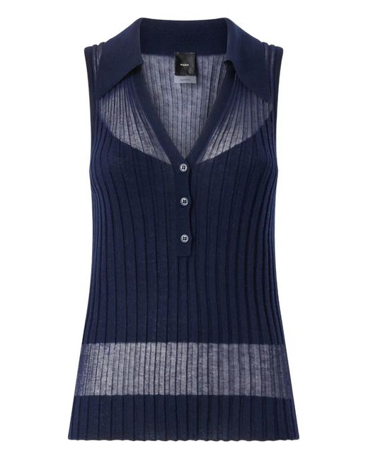 Pinko Blue Buttoned Ribbed Polo Top