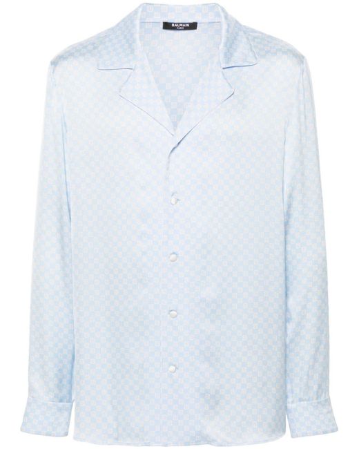 Balmain Satijnen Overhemd Met Monogram-print in het Blue voor heren