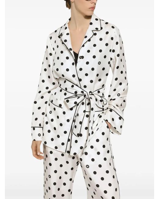 Dolce & Gabbana White Polka-Dot Silk Pajama Shirt