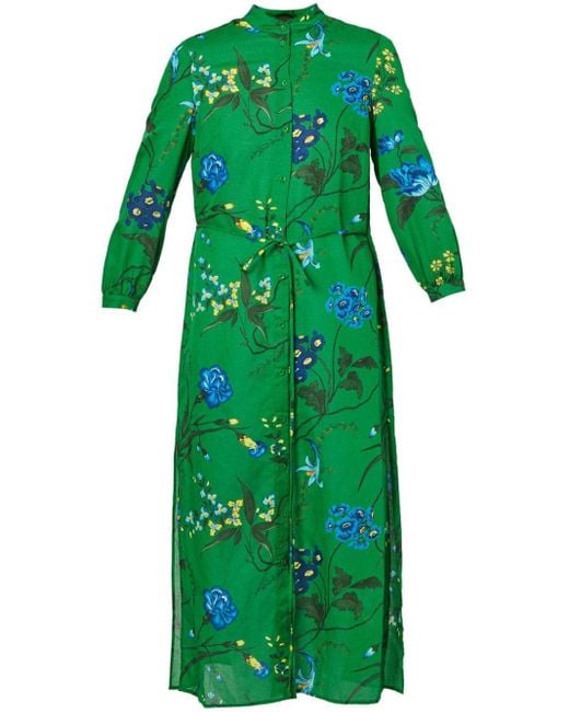 Erdem Green Floral-print Belted Midi Dress