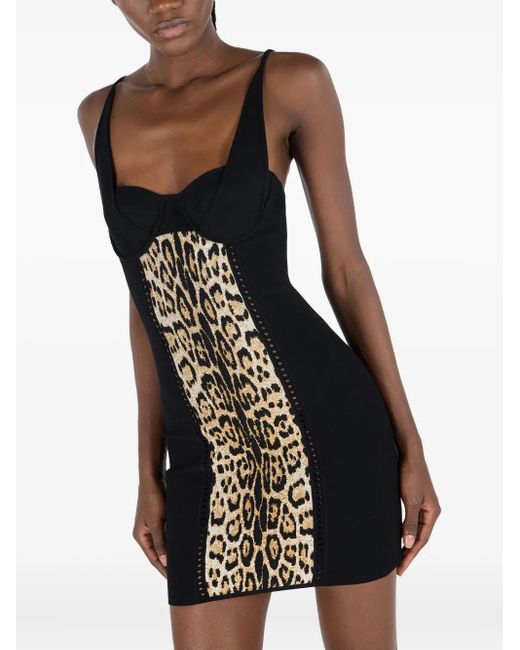 Roberto Cavalli Black Jaguar-Print Panelled Mini Dress