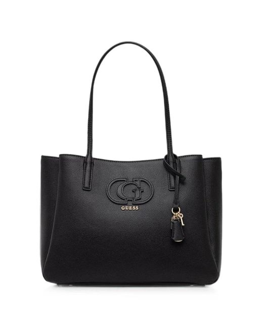 Guess Black Isola Logo-Plaque Pebble-Textured Tote Bag