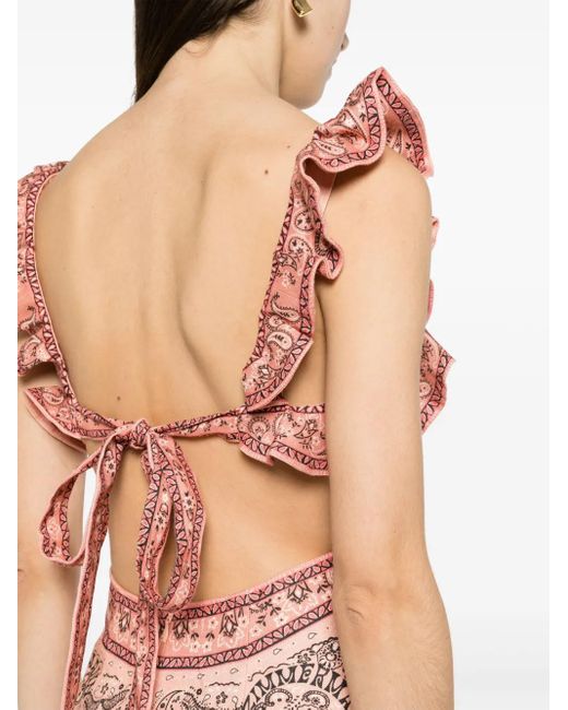 Zimmermann Pink Ruffled Paisley-print Linen Midi Dress