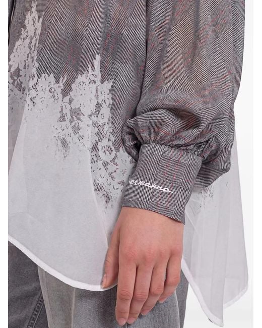 Ermanno Scervino Gray Georgette Lace-Trimmed Gingham Shirt