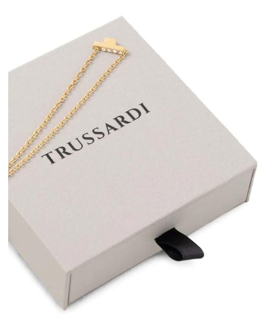 Trussardi White Crystal-Embellished Logo-Pendant Necklace