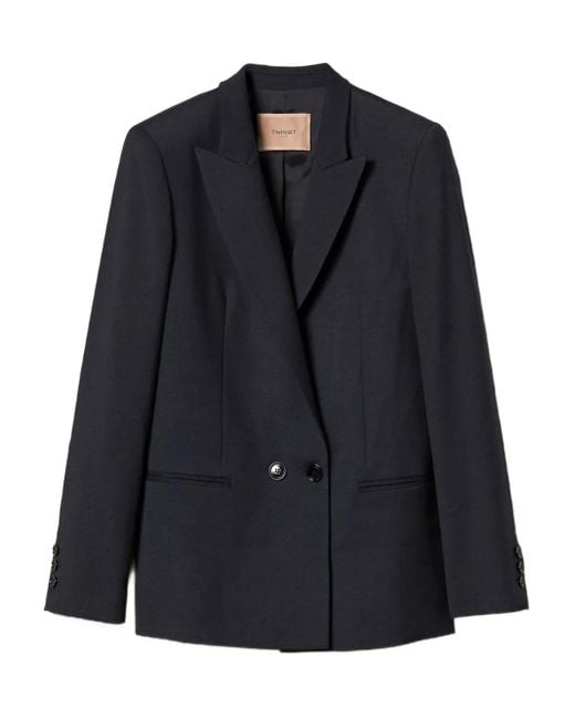 Twinset Blue Double-Breasted Wool-Blend Blazer