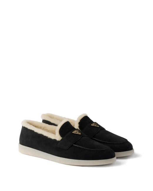 Prada Black Triangle-Logo Shearling Loafers for men