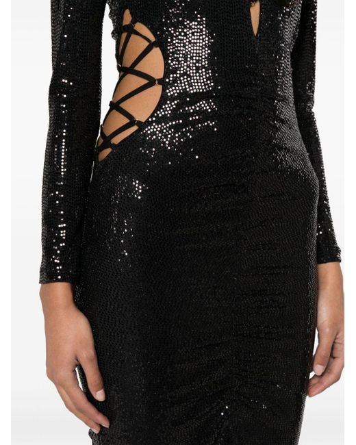 Nissa Black Sequined Lace-up Midi Dress