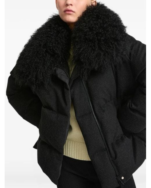 Yves Salomon Black Shearling-Collar Padded Coat