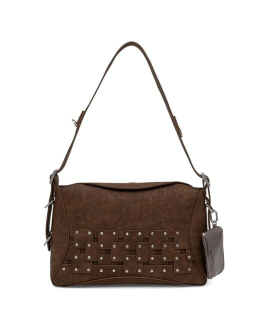 Desigual Brown Embossed Studded Satchel Bag