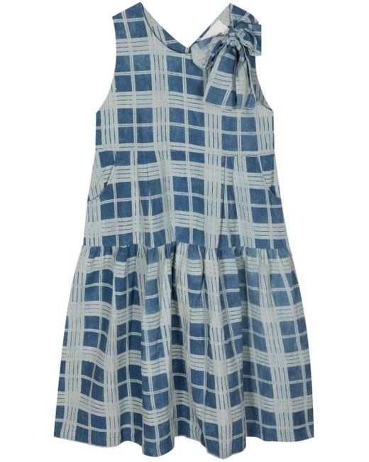 STORY mfg. Blue Checkered Cotton-linen Blend Dress