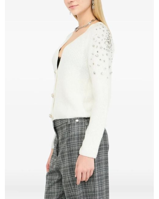 Liu Jo White Textured Sweater With Deep V-Neckline And Embellished Shoulder