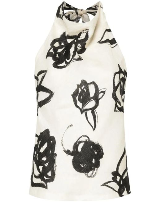 MSGM White Floral Linen Halterneck Top