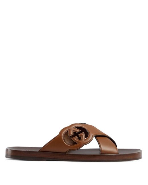Gucci Brown GG-motif Leather Slippers for men