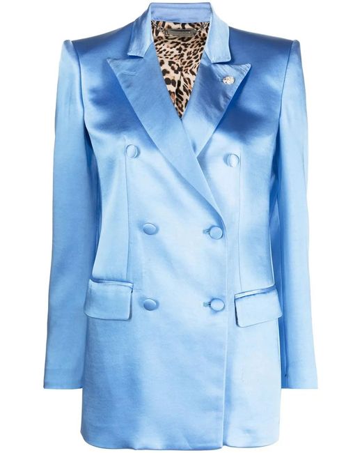Philipp Plein Blue Double-Breasted Satin Blazer