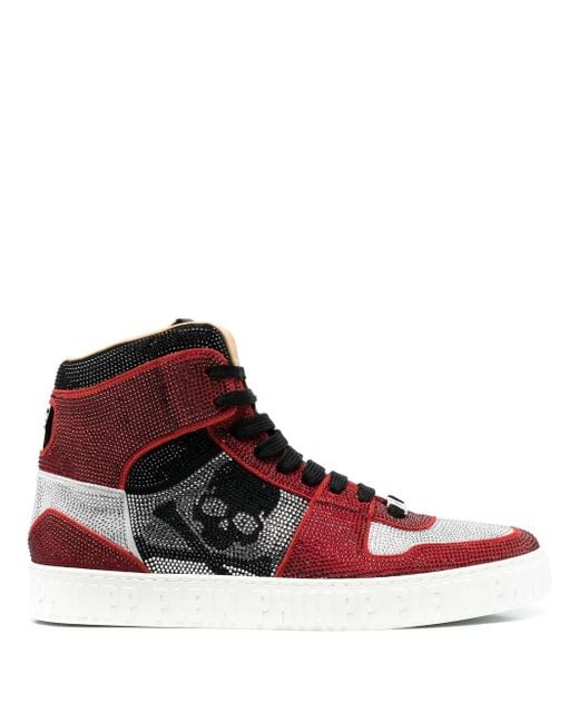 Philipp Plein Red Hi-Top Sneakers Notorious Crystal Skull With Crystals