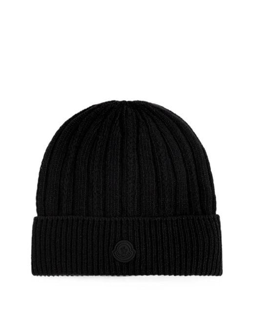 Moncler Black Logo-Patch Ribbed-Knit Beanie Hat