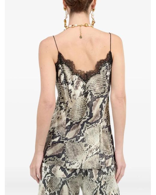 Roberto Cavalli Gray Snake-Print Lace-Trimmed Top