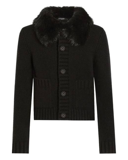 Dolce & Gabbana Black Faux-Fur-Collar Buttoned-Up Cardigan for men