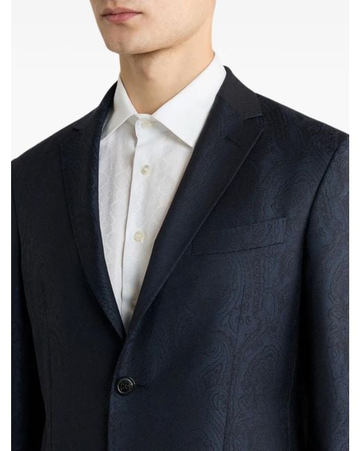Etro Blue Single-Breasted Wool Jacquard Jacket With Arnica Motif for men